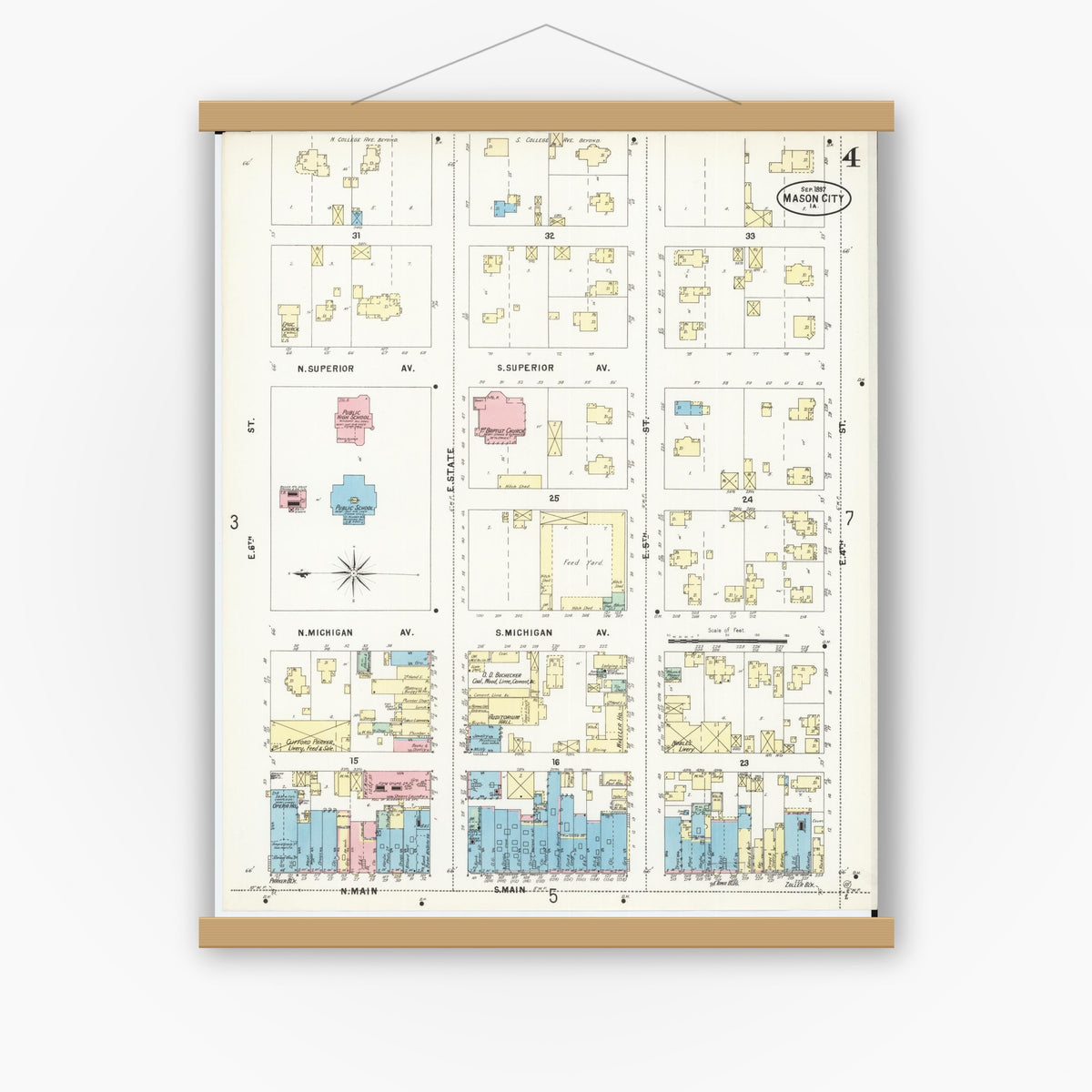 Old map wall art mockup — magnetic wood frame on white wall — Sanborn Fire Insurance Map from Mason City, Cerro Gordo County, Iowa (1897), Sheet #0004