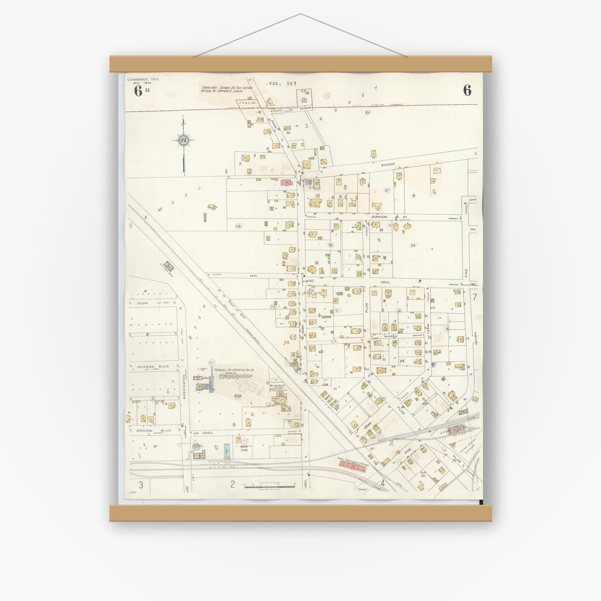 Old map wall art mockup — magnetic wood frame on white wall — Sanborn Fire Insurance Map from Commerce, Hunt County, Texas (1940), Sheet #0006