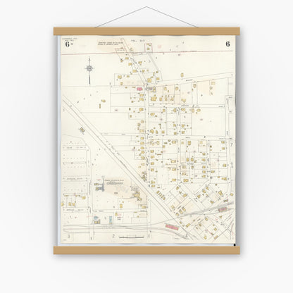 Old map wall art mockup — magnetic wood frame on white wall — Sanborn Fire Insurance Map from Commerce, Hunt County, Texas (1940), Sheet #0006