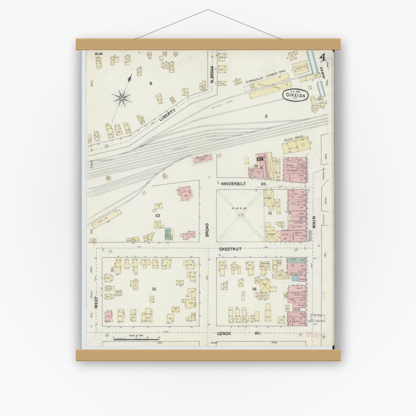 Old map wall art mockup — magnetic wood frame on white wall — Sanborn Fire Insurance Map from Oneida, Madison County, New York (1890), Sheet #0004