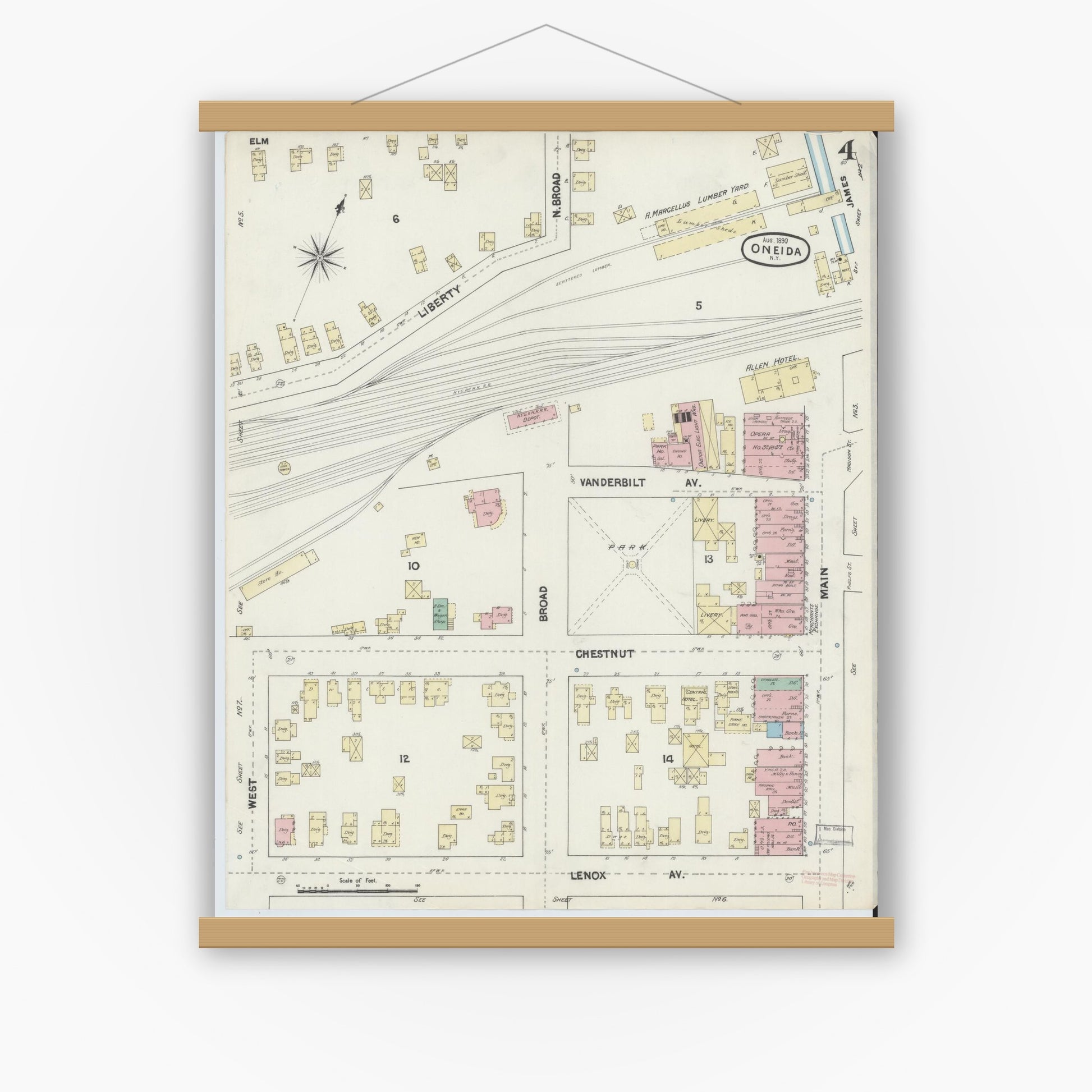 Old map wall art mockup — magnetic wood frame on white wall — Sanborn Fire Insurance Map from Oneida, Madison County, New York (1890), Sheet #0004