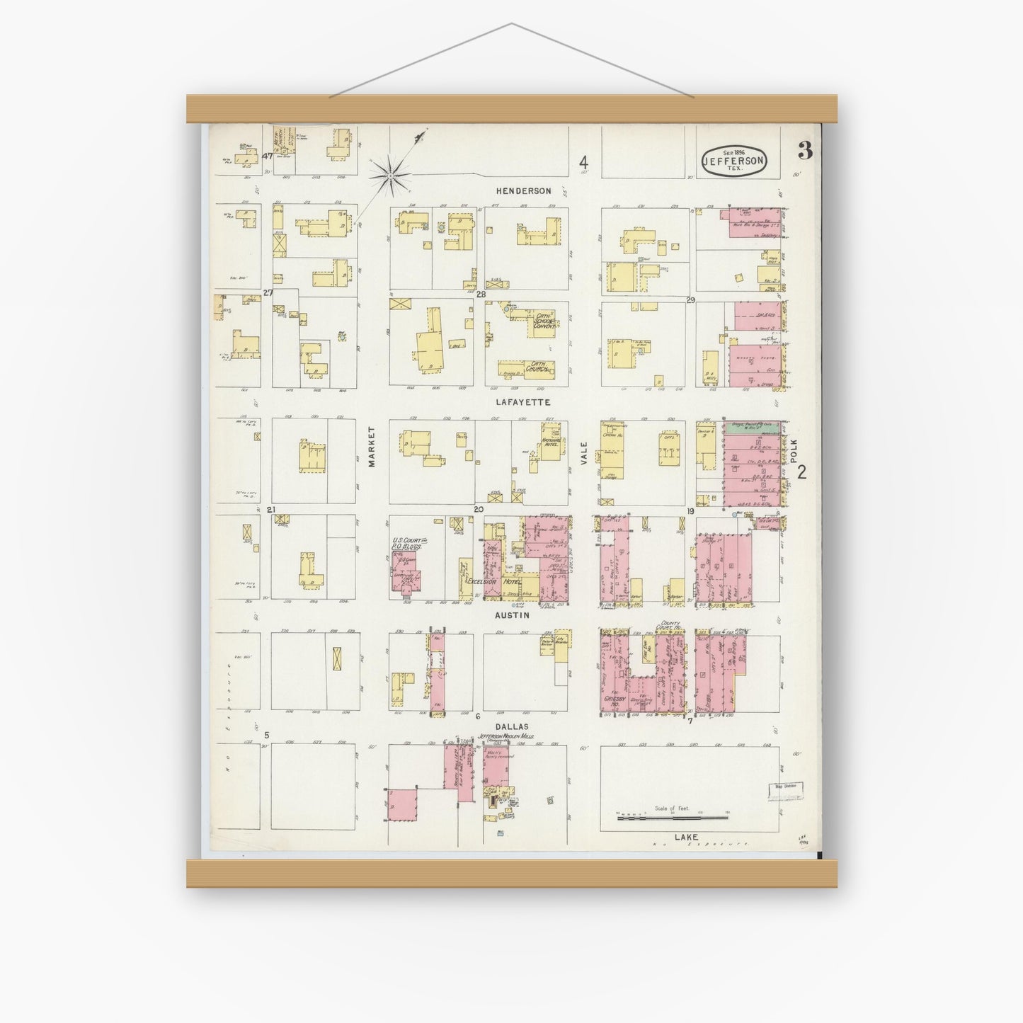 Old map wall art mockup — magnetic wood frame on white wall — Sanborn Fire Insurance Map from Jefferson, Marion County, Texas (1896), Sheet #0003