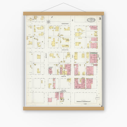Old map wall art mockup — magnetic wood frame on white wall — Sanborn Fire Insurance Map from Jefferson, Marion County, Texas (1896), Sheet #0003