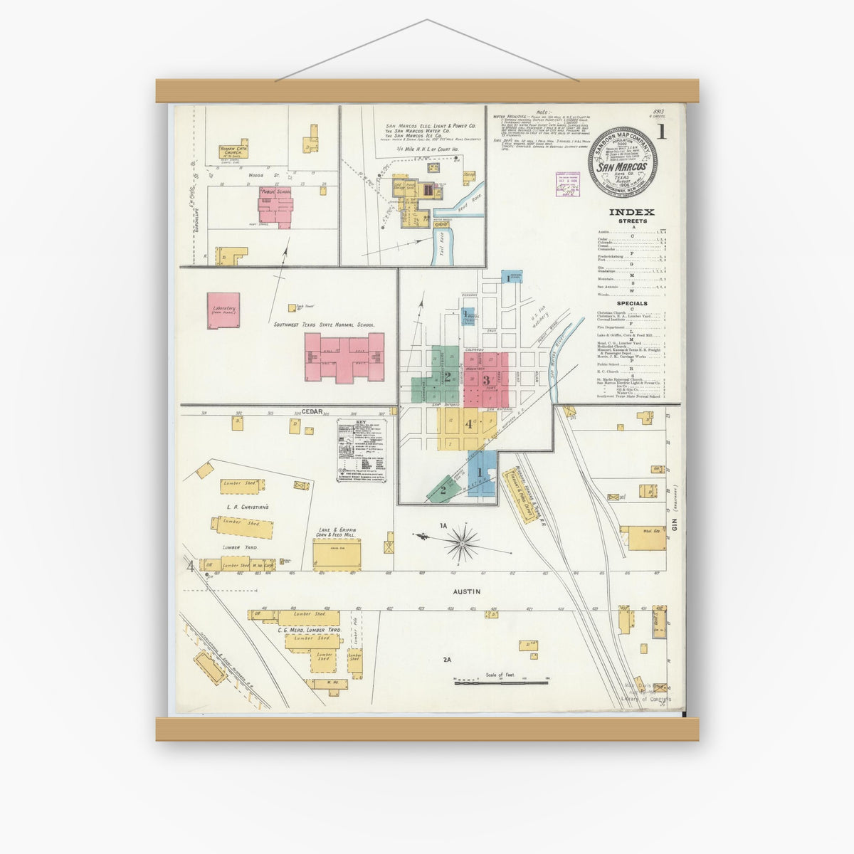 Old map wall art mockup — magnetic wood frame on white wall — Sanborn Fire Insurance Map from San Marcos, Hays County, Texas (1906) - Complete Map Set