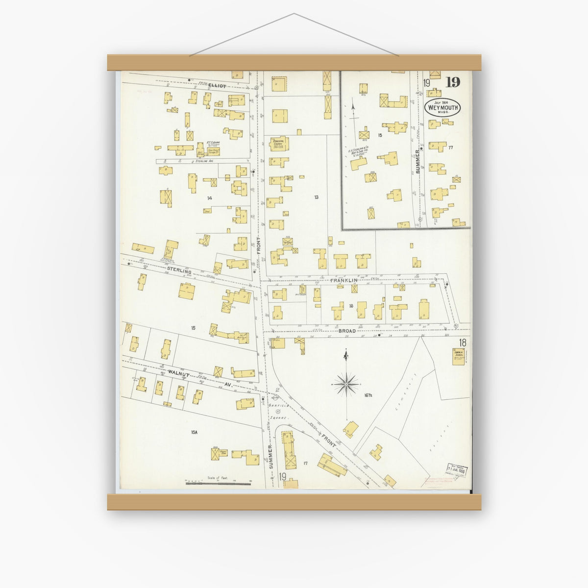 Old map wall art mockup — magnetic wood frame on white wall — Sanborn Fire Insurance Map from Weymouth, Norfolk County, Massachusetts (1904), Sheet #0019