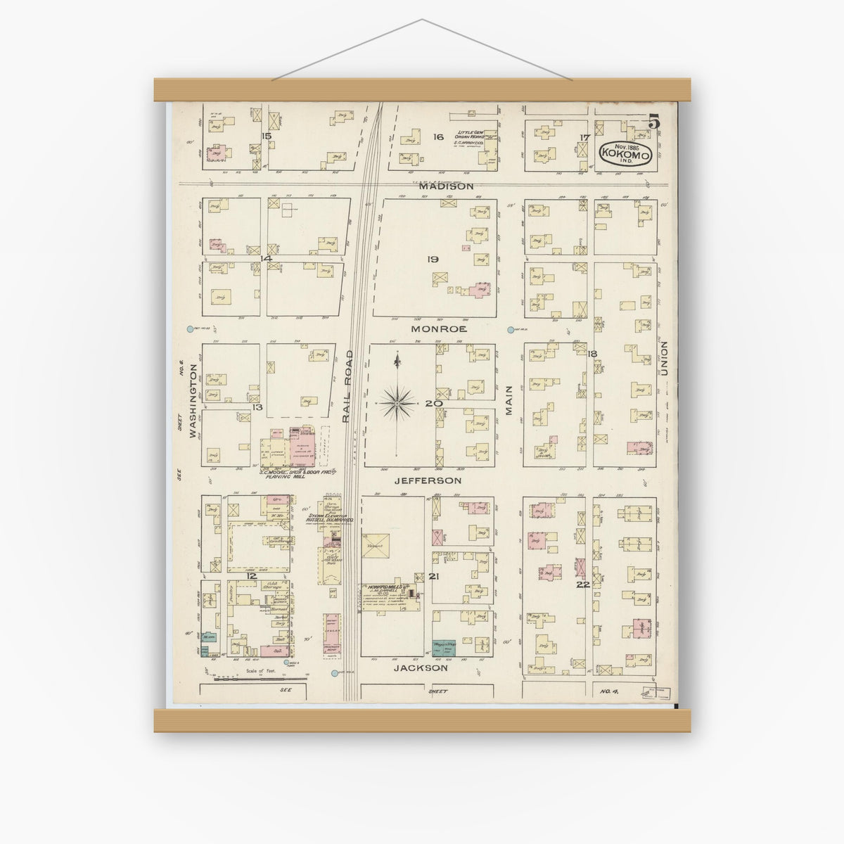 Old map wall art mockup — magnetic wood frame on white wall — Sanborn Fire Insurance Map from Kokomo, Howard County, Indiana (1885), Sheet #0005