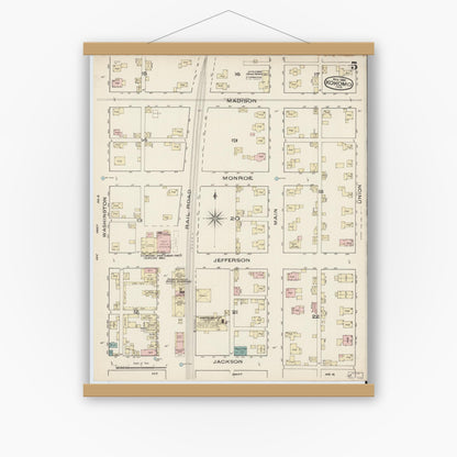 Old map wall art mockup — magnetic wood frame on white wall — Sanborn Fire Insurance Map from Kokomo, Howard County, Indiana (1885), Sheet #0005