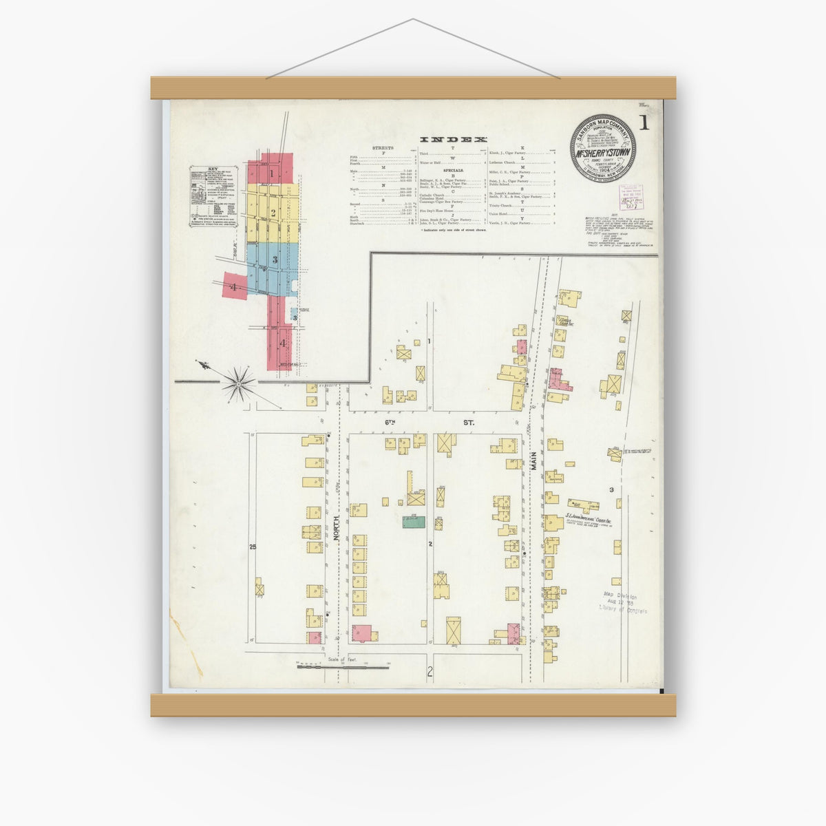 Old map wall art mockup — magnetic wood frame on white wall — Sanborn Fire Insurance Map from McSherrystown, Adams County, Pennsylvania (1904) - Complete Map Set