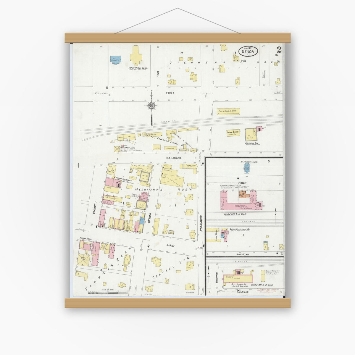 Old map wall art mockup — magnetic wood frame on white wall — Sanborn Fire Insurance Map from Genoa, De Kalb County, Illinois (1912), Sheet #0002