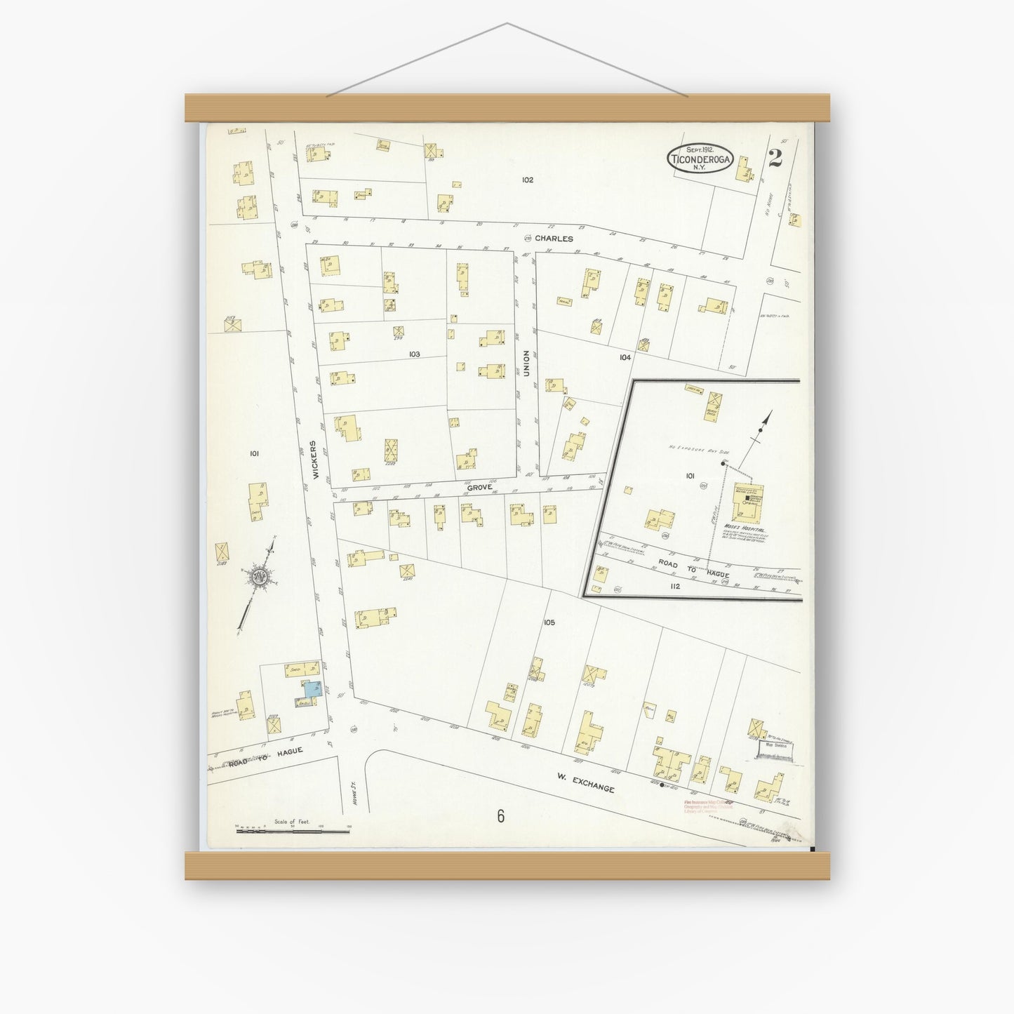 Old map wall art mockup — magnetic wood frame on white wall — Sanborn Fire Insurance Map from Ticonderoga, Essex County, New York (1912), Sheet #0002