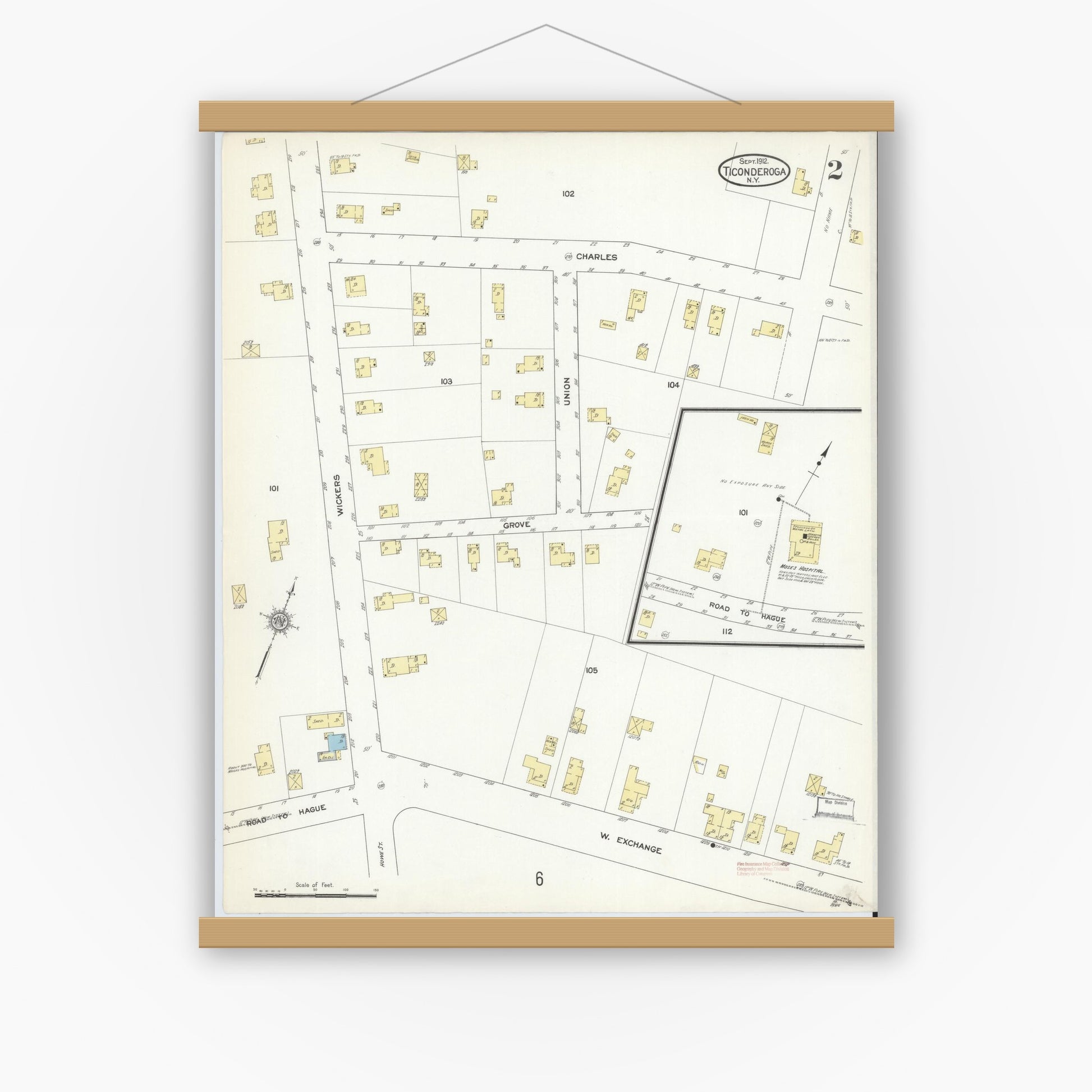 Old map wall art mockup — magnetic wood frame on white wall — Sanborn Fire Insurance Map from Ticonderoga, Essex County, New York (1912), Sheet #0002