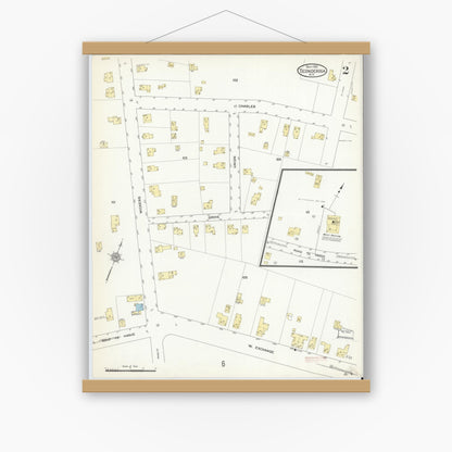 Old map wall art mockup — magnetic wood frame on white wall — Sanborn Fire Insurance Map from Ticonderoga, Essex County, New York (1912), Sheet #0002