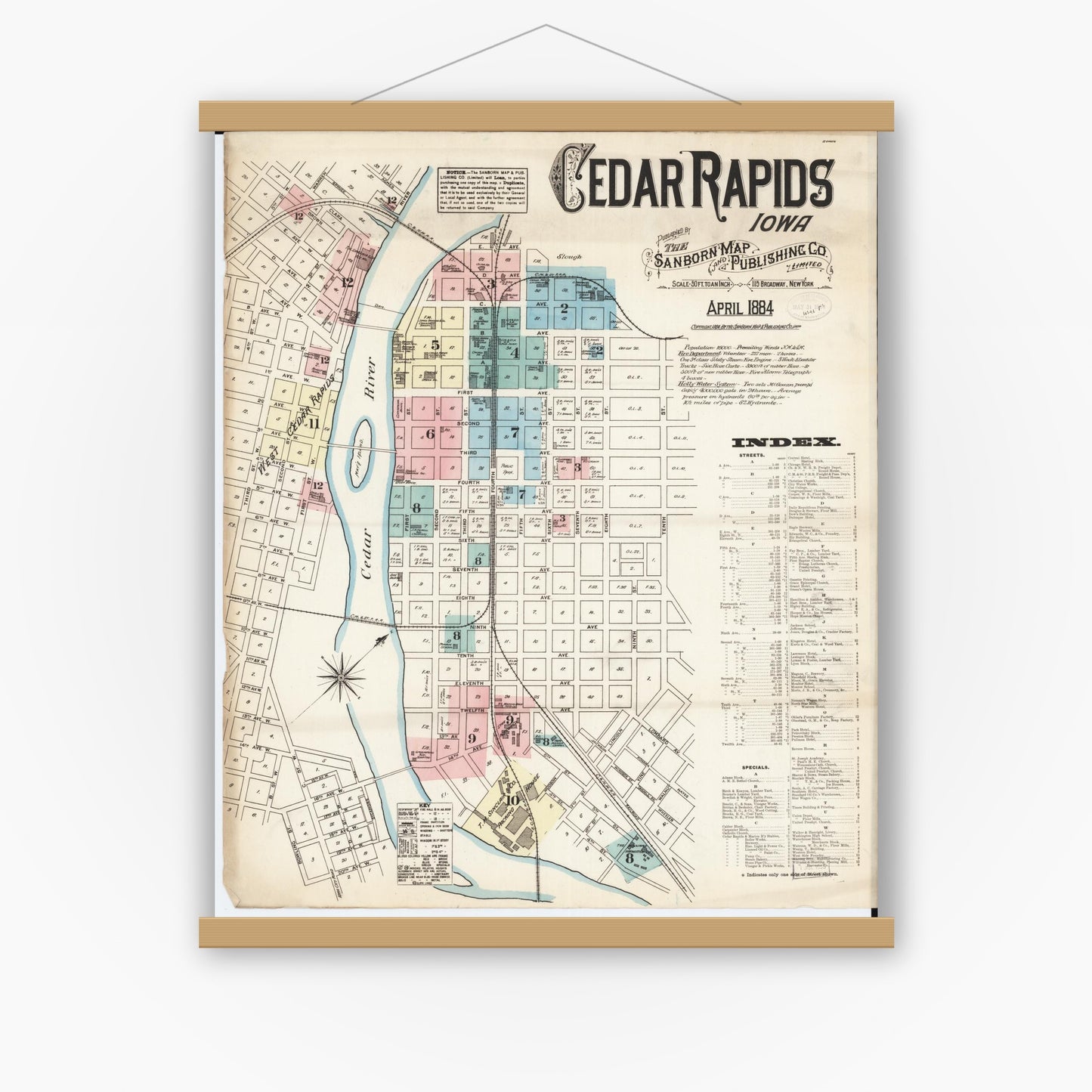 Old map wall art mockup — magnetic wood frame on white wall — Sanborn Fire Insurance Map from Cedar Rapids, Linn County, Iowa (1884) â€” Complete Set