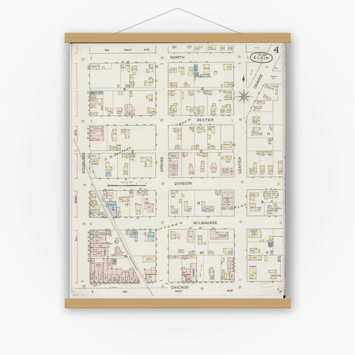 Old map wall art mockup — magnetic wood frame on white wall — Sanborn Fire Insurance Map from Elgin, Kane County, Illinois (1887), Sheet #0004