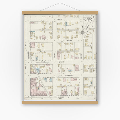 Old map wall art mockup — magnetic wood frame on white wall — Sanborn Fire Insurance Map from Elgin, Kane County, Illinois (1887), Sheet #0004