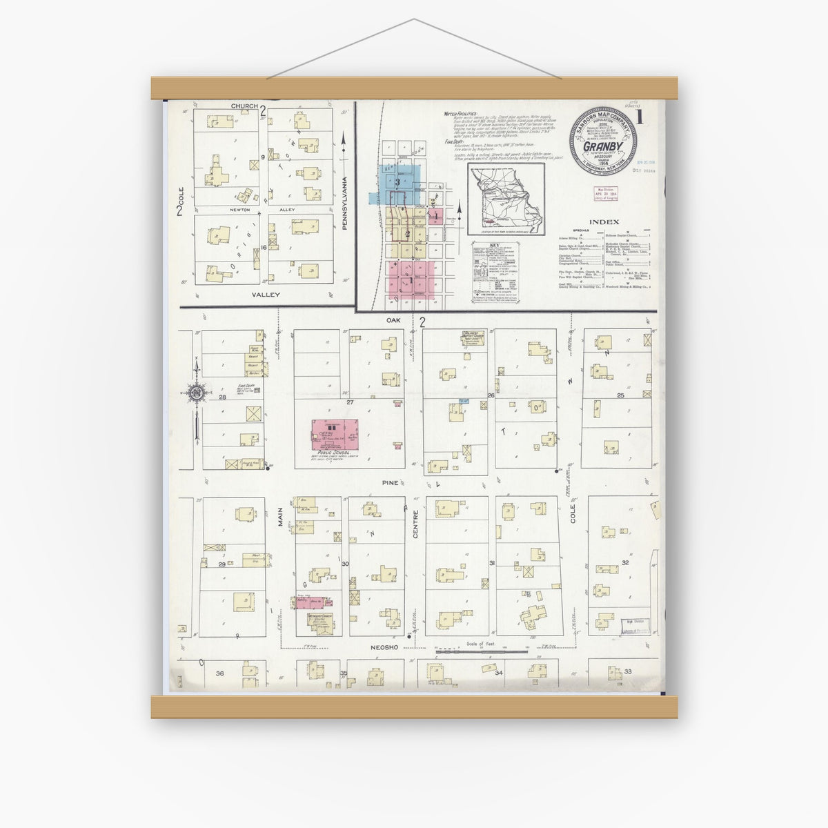 Old map wall art mockup — magnetic wood frame on white wall — Sanborn Fire Insurance Map from Granby, Newton County, Missouri (1914), Sheet #0001