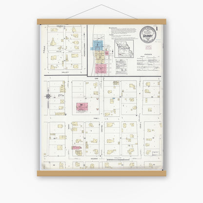 Old map wall art mockup — magnetic wood frame on white wall — Sanborn Fire Insurance Map from Granby, Newton County, Missouri (1914), Sheet #0001