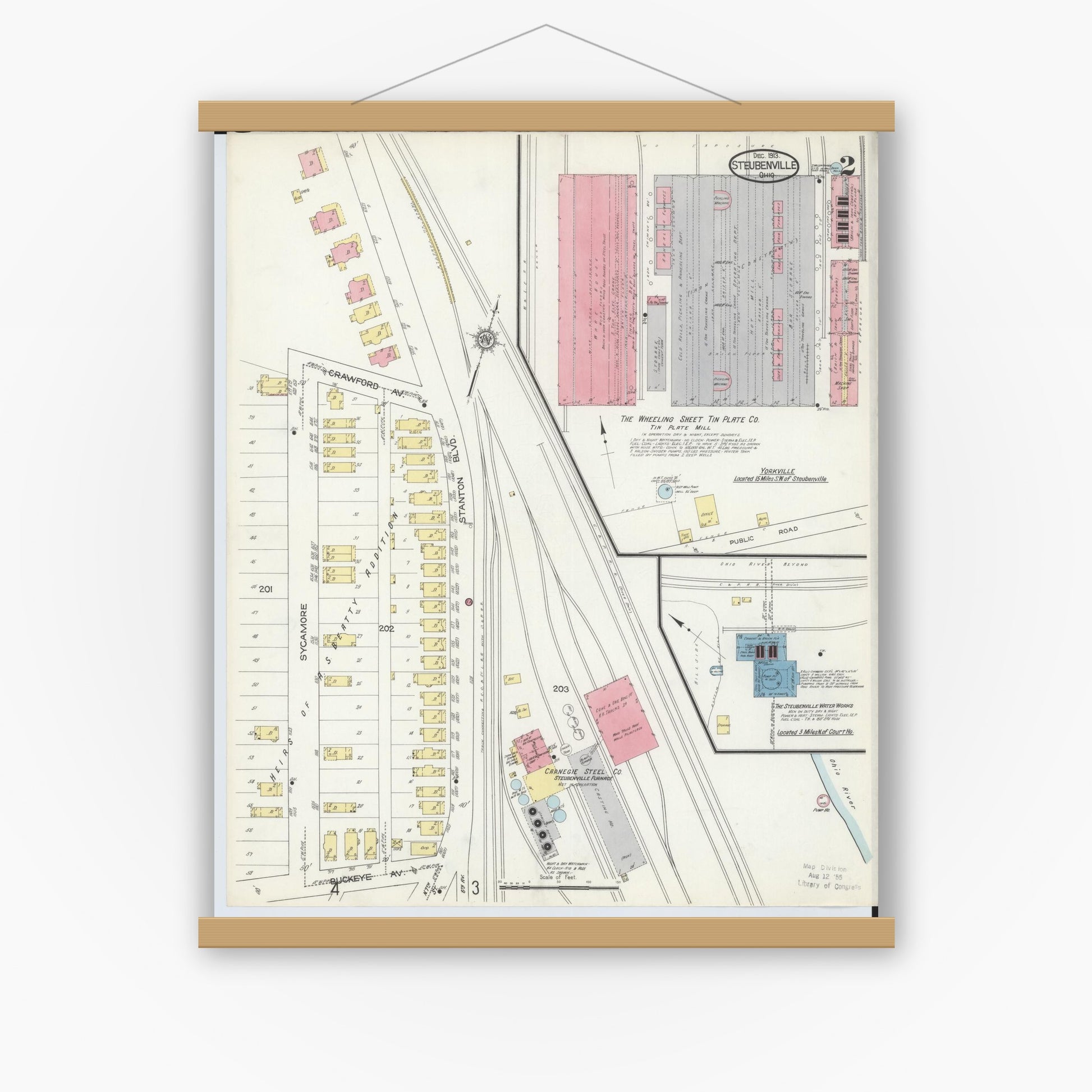 Old map wall art mockup — magnetic wood frame on white wall — Sanborn Fire Insurance Map from Steubenville, Jefferson County, Ohio (1913), Sheet #0002