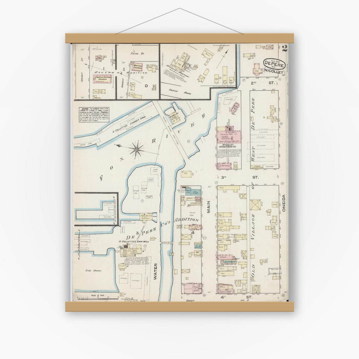Old map wall art mockup — magnetic wood frame on white wall — Sanborn Fire Insurance Map from De Pere, Brown County, Wisconsin (1884), Sheet #0002