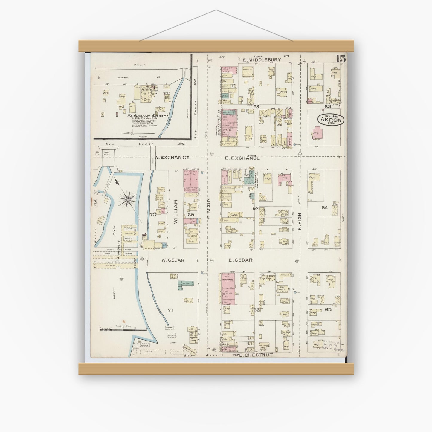 Old map wall art mockup — magnetic wood frame on white wall — Sanborn Fire Insurance Map from Akron, Summit County, Ohio (1886), Sheet #0015