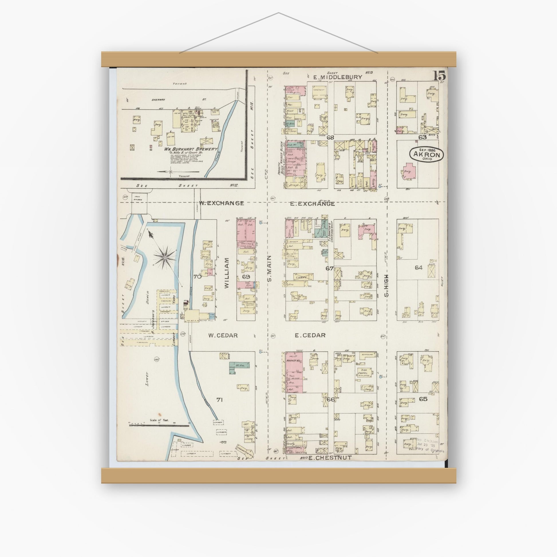 Old map wall art mockup — magnetic wood frame on white wall — Sanborn Fire Insurance Map from Akron, Summit County, Ohio (1886), Sheet #0015