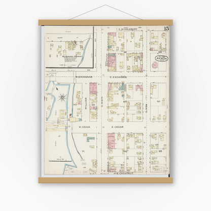 Old map wall art mockup — magnetic wood frame on white wall — Sanborn Fire Insurance Map from Akron, Summit County, Ohio (1886), Sheet #0015