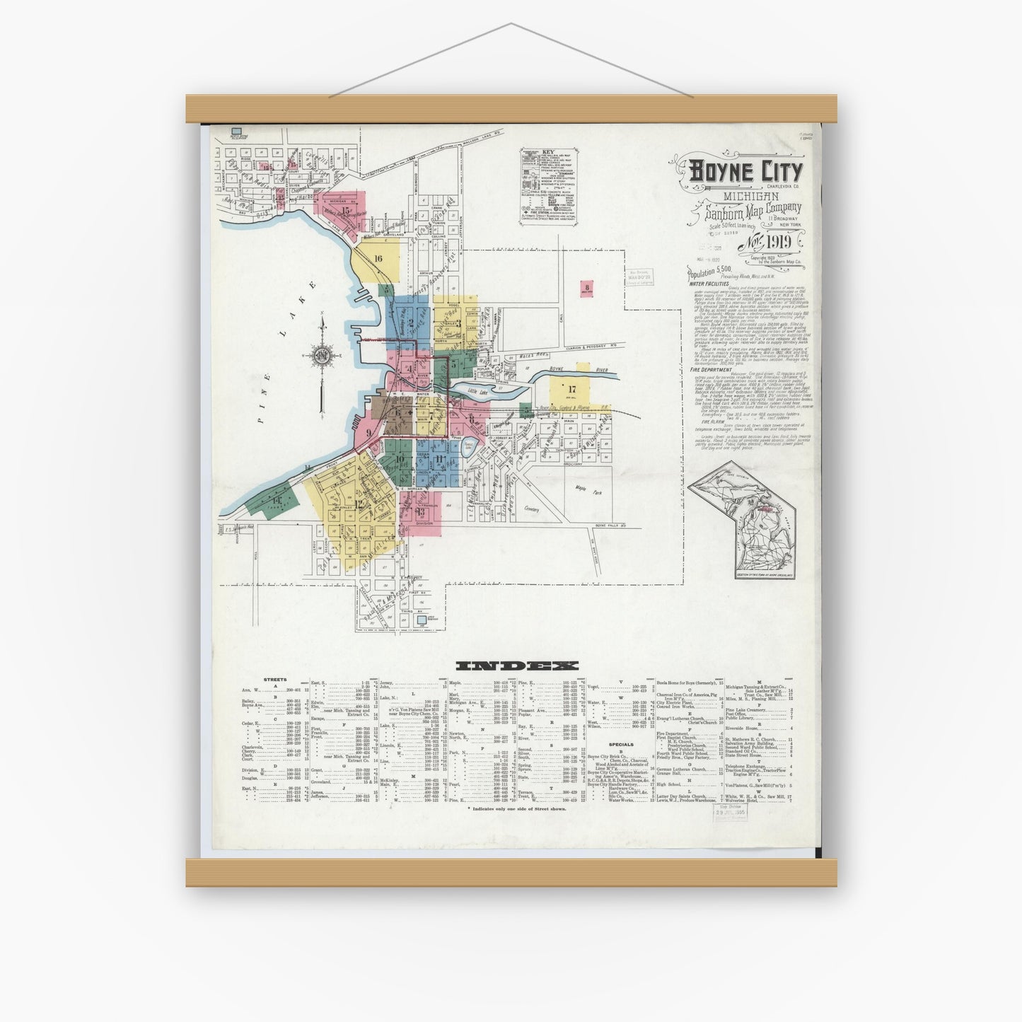Old map wall art mockup — magnetic wood frame on white wall — Sanborn Fire Insurance Map from Boyne City, Charlevoix County, Michigan (1919), Sheet #0001