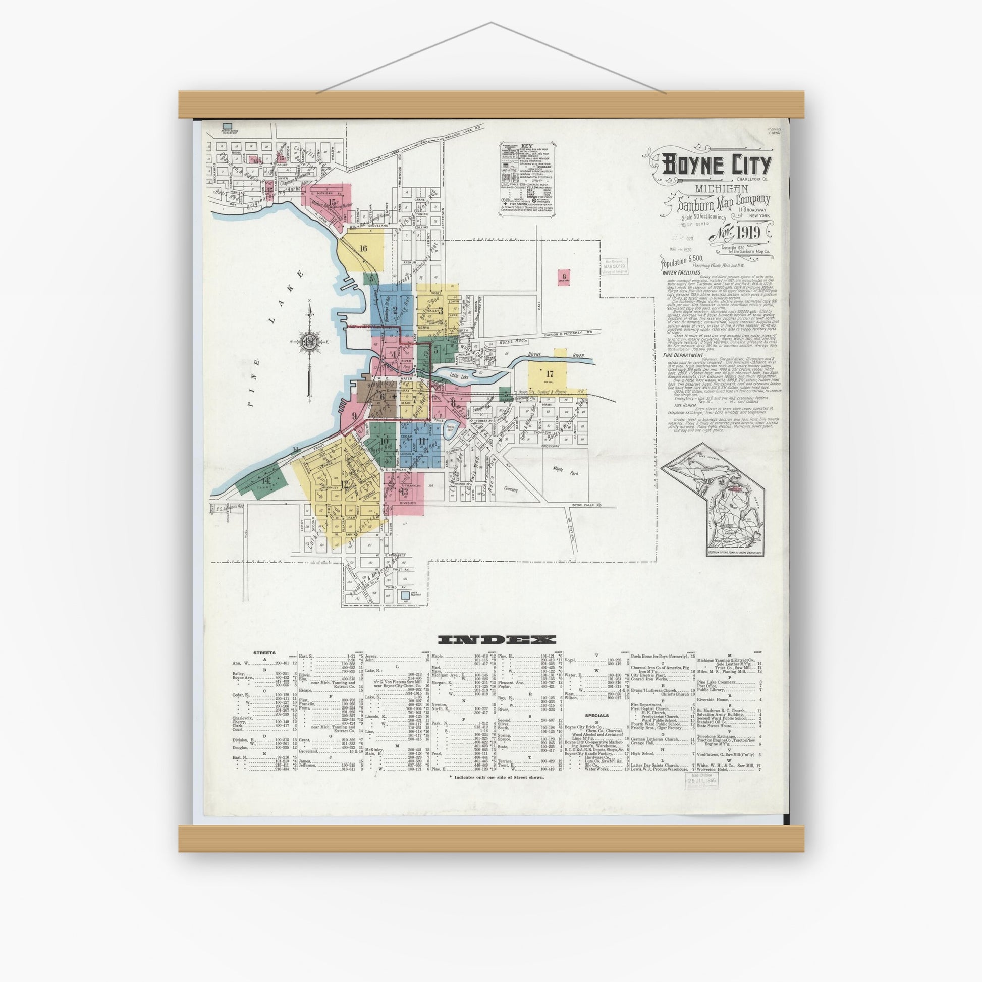 Old map wall art mockup — magnetic wood frame on white wall — Sanborn Fire Insurance Map from Boyne City, Charlevoix County, Michigan (1919), Sheet #0001