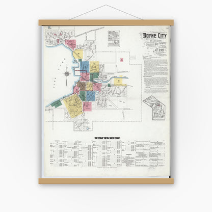Old map wall art mockup — magnetic wood frame on white wall — Sanborn Fire Insurance Map from Boyne City, Charlevoix County, Michigan (1919), Sheet #0001