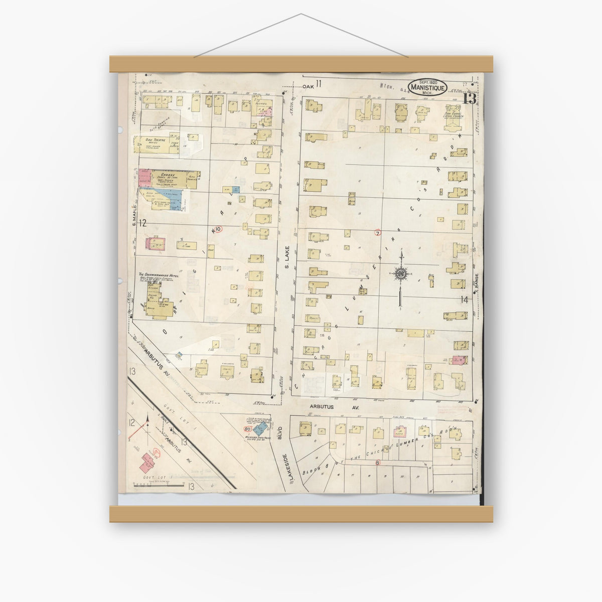 Old map wall art mockup — magnetic wood frame on white wall — Sanborn Fire Insurance Map from Manistique, Schoolcraft County, Michigan (1950), Sheet #0013