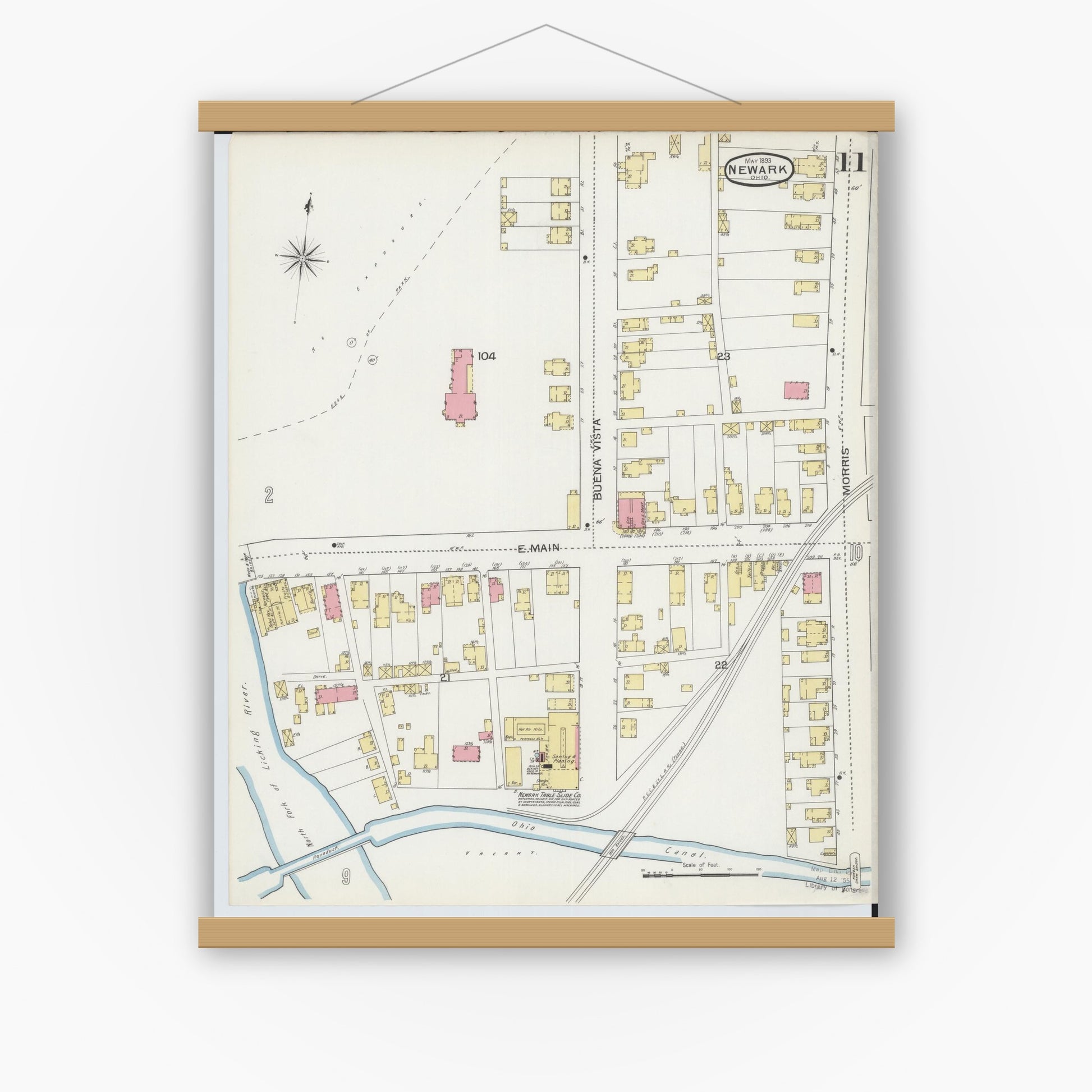 Old map wall art mockup — magnetic wood frame on white wall — Sanborn Fire Insurance Map from Newark, Licking County, Ohio (1893), Sheet #0011