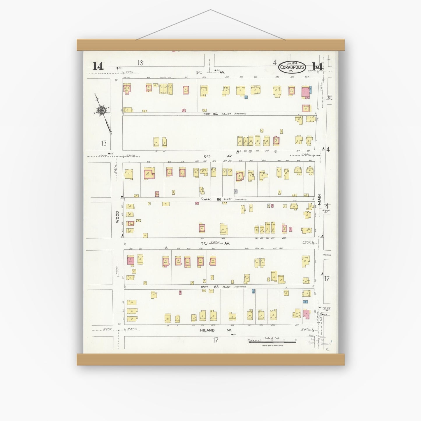 Old map wall art mockup — magnetic wood frame on white wall — Sanborn Fire Insurance Map from Coraopolis, Allegheny County, Pennsylvania (1924), Sheet #0014