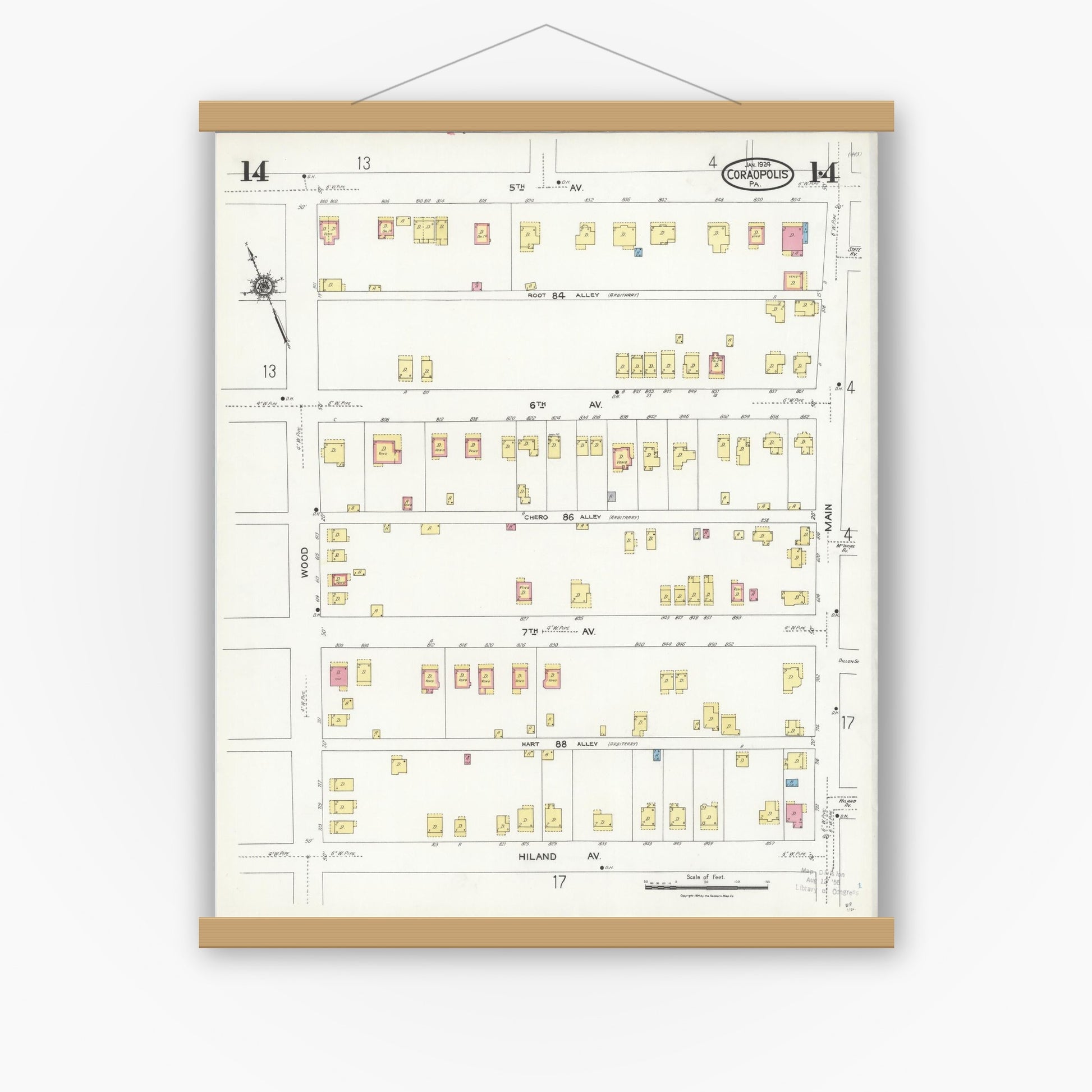 Old map wall art mockup — magnetic wood frame on white wall — Sanborn Fire Insurance Map from Coraopolis, Allegheny County, Pennsylvania (1924), Sheet #0014