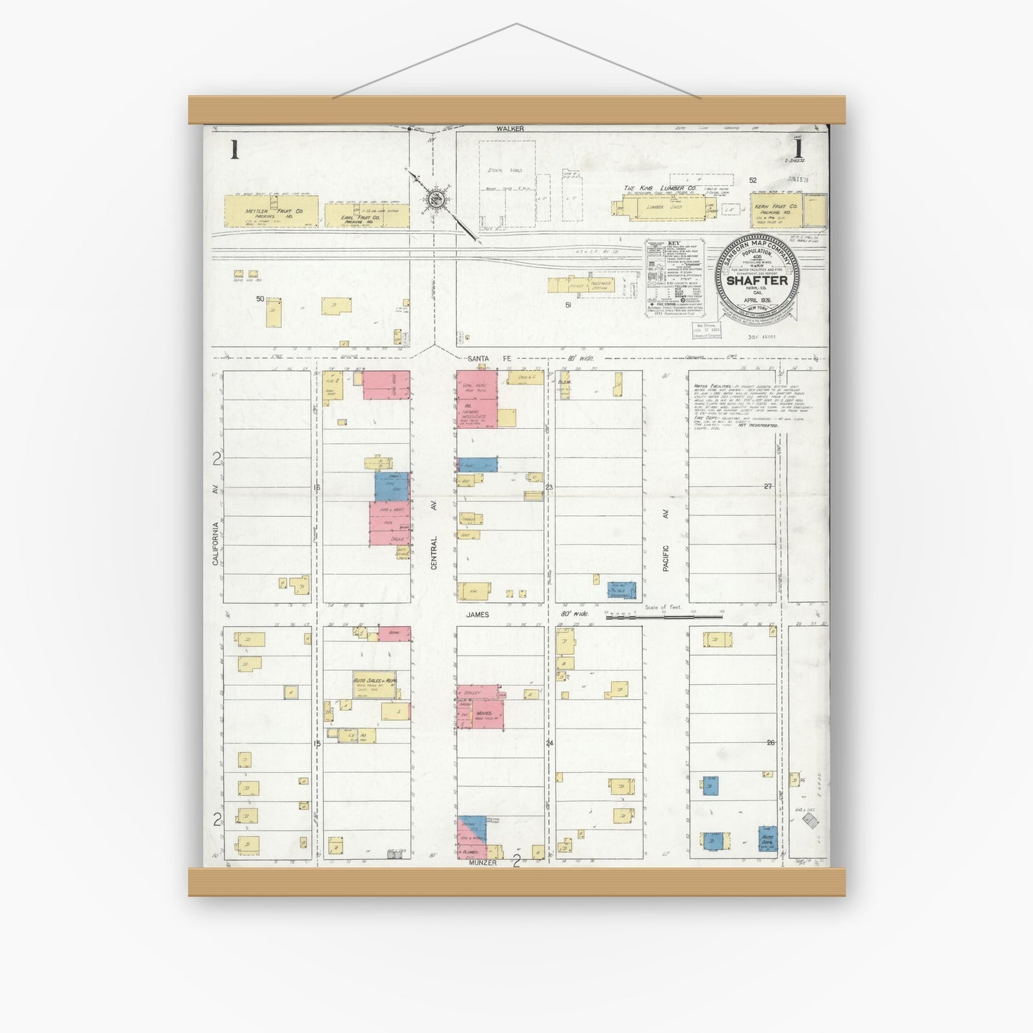 Old map wall art mockup — magnetic wood frame on white wall — Sanborn Fire Insurance Map from Shafter, Kern County, California (1926) - Complete Map Set