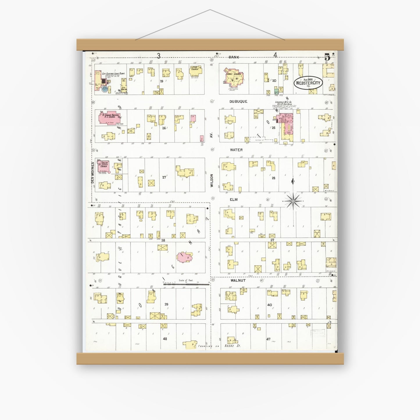 Old map wall art mockup — magnetic wood frame on white wall — Sanborn Fire Insurance Map from Webster City, Hamilton County, Iowa (1900), Sheet #0005