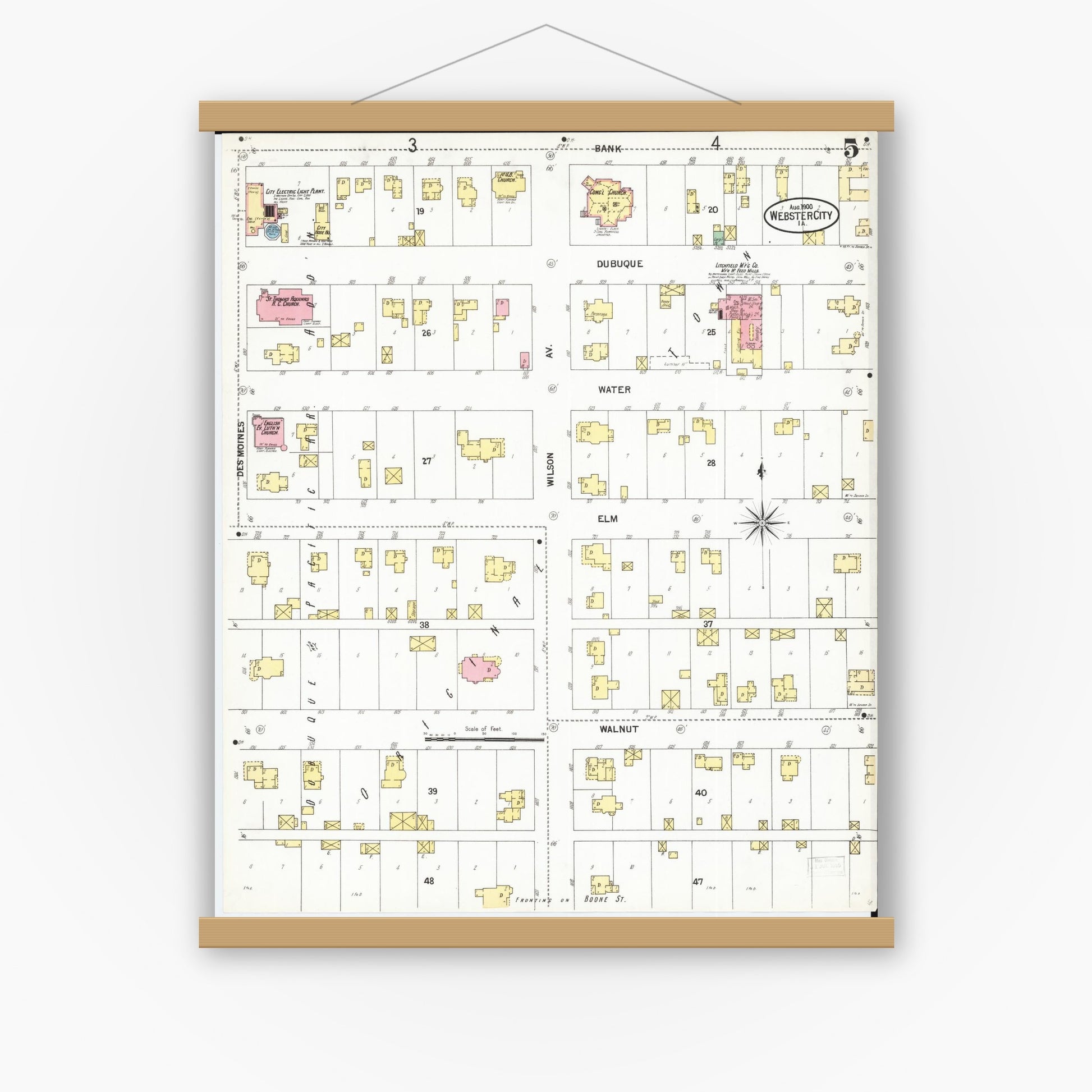 Old map wall art mockup — magnetic wood frame on white wall — Sanborn Fire Insurance Map from Webster City, Hamilton County, Iowa (1900), Sheet #0005