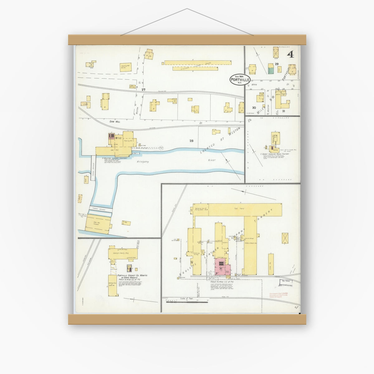 Old map wall art mockup — magnetic wood frame on white wall — Sanborn Fire Insurance Map from Portville, Cattaraugus County, New York (1904), Sheet #0004