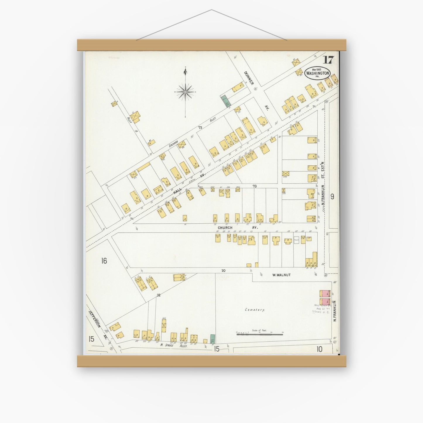 Old map wall art mockup — magnetic wood frame on white wall — Sanborn Fire Insurance Map from Washington, Washington County, Pennsylvania (1900), Sheet #0017