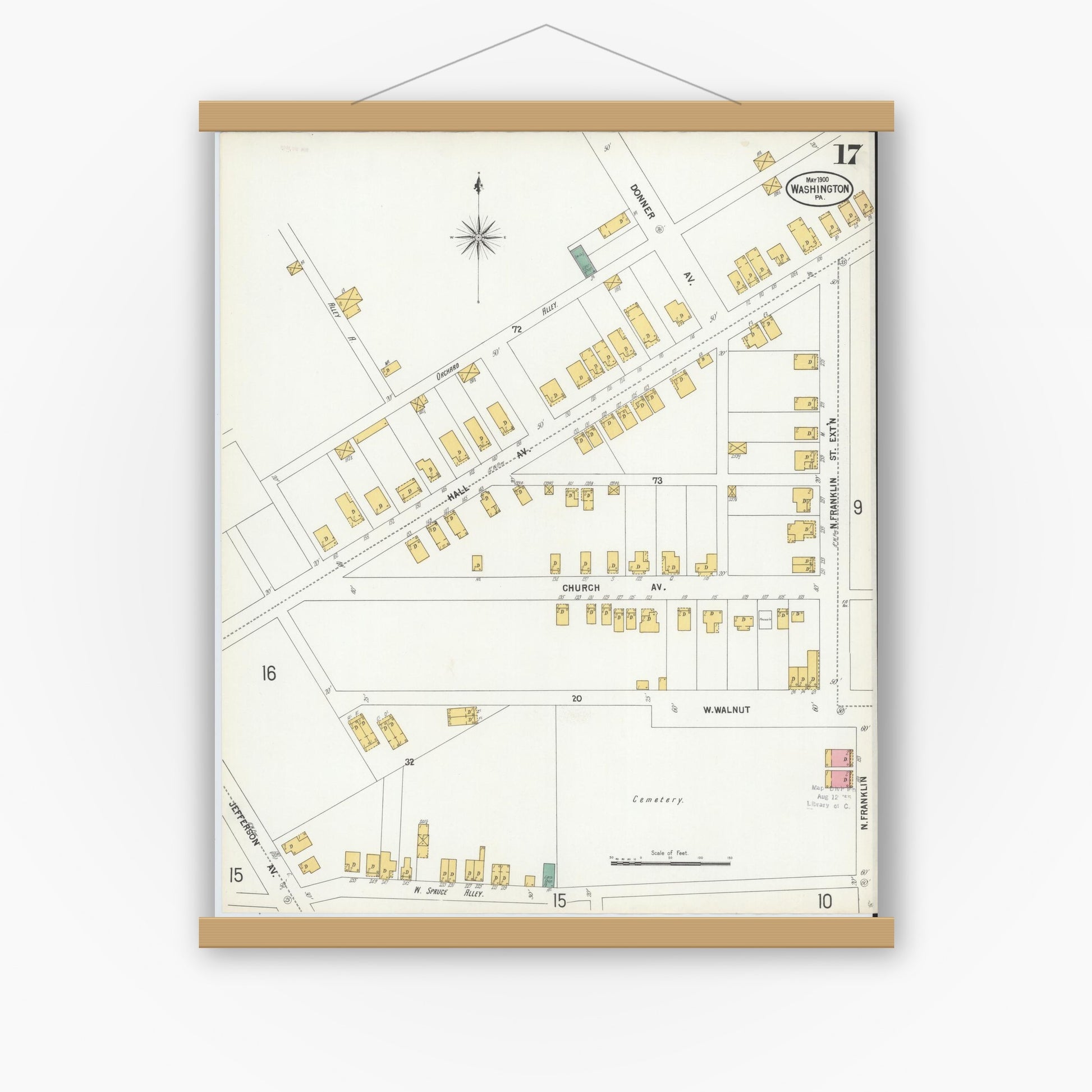 Old map wall art mockup — magnetic wood frame on white wall — Sanborn Fire Insurance Map from Washington, Washington County, Pennsylvania (1900), Sheet #0017