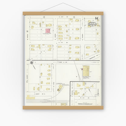Old map wall art mockup — magnetic wood frame on white wall — Sanborn Fire Insurance Map from Marshfield, Wood County, Wisconsin (1912), Sheet #0014