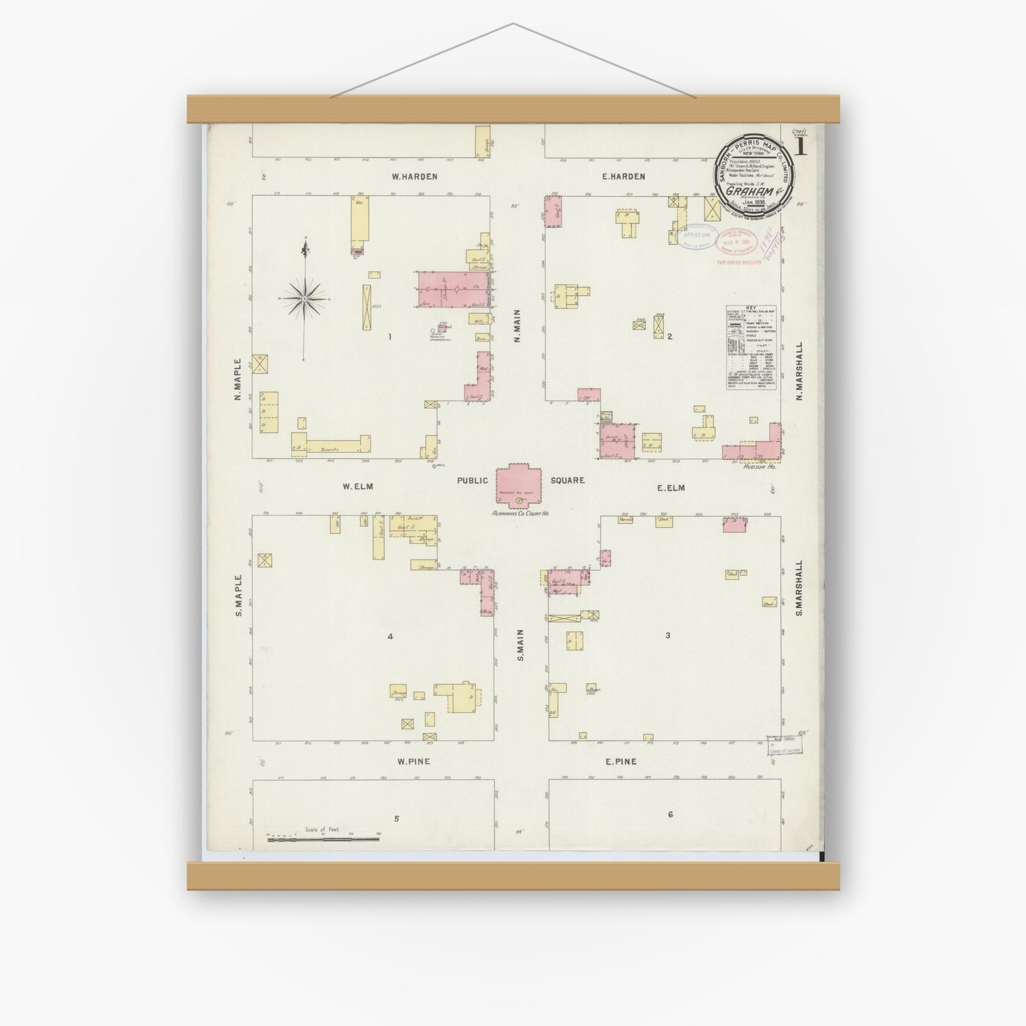 Old map wall art mockup — magnetic wood frame on white wall — Sanborn Fire Insurance Map from Graham, Alamance County, North Carolina (1898) - Complete Map Set