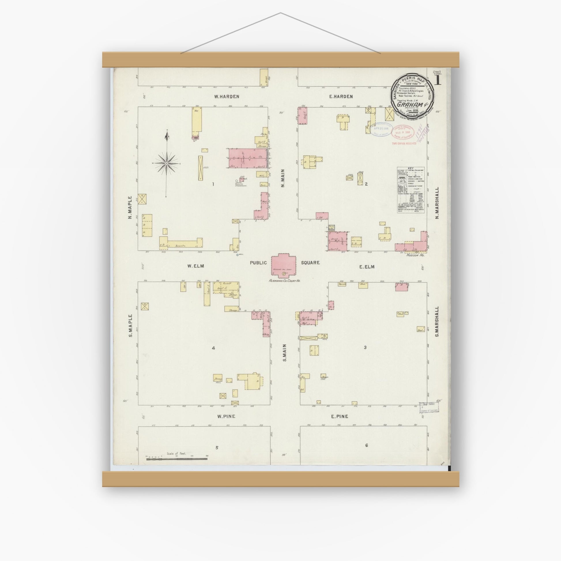 Old map wall art mockup — magnetic wood frame on white wall — Sanborn Fire Insurance Map from Graham, Alamance County, North Carolina (1898) - Complete Map Set