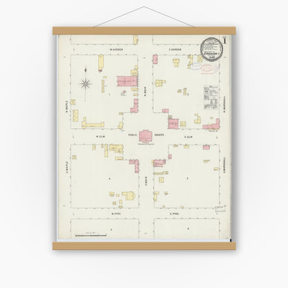 Old map wall art mockup — magnetic wood frame on white wall — Sanborn Fire Insurance Map from Graham, Alamance County, North Carolina (1898) - Complete Map Set