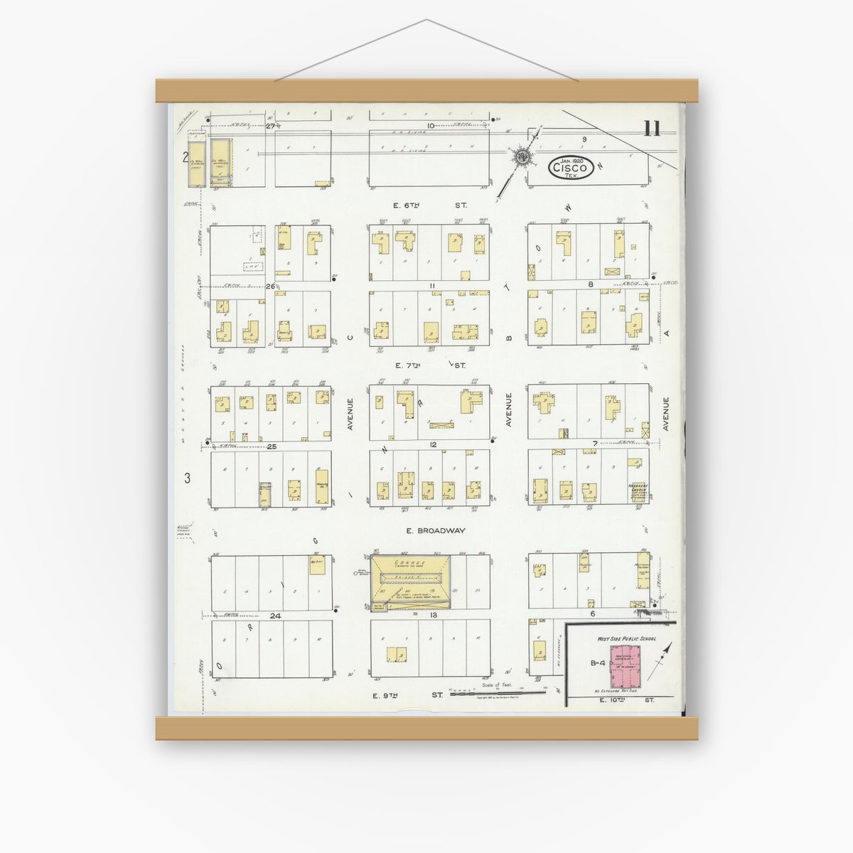 Old map wall art mockup — magnetic wood frame on white wall — Sanborn Fire Insurance Map from Cisco, Eastland County, Texas (1920), Sheet #0011