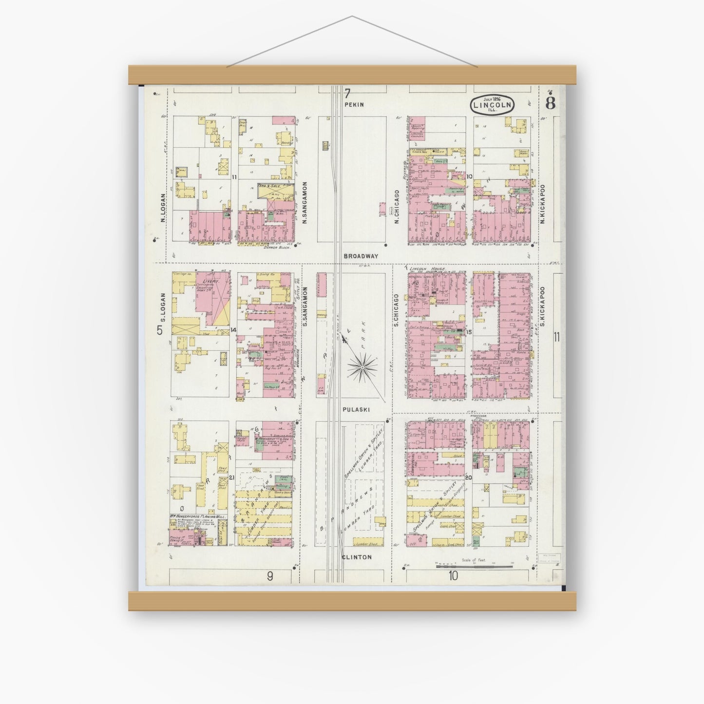 Old map wall art mockup — magnetic wood frame on white wall — Sanborn Fire Insurance Map from Lincoln, Logan County, Illinois (1896), Sheet #0008