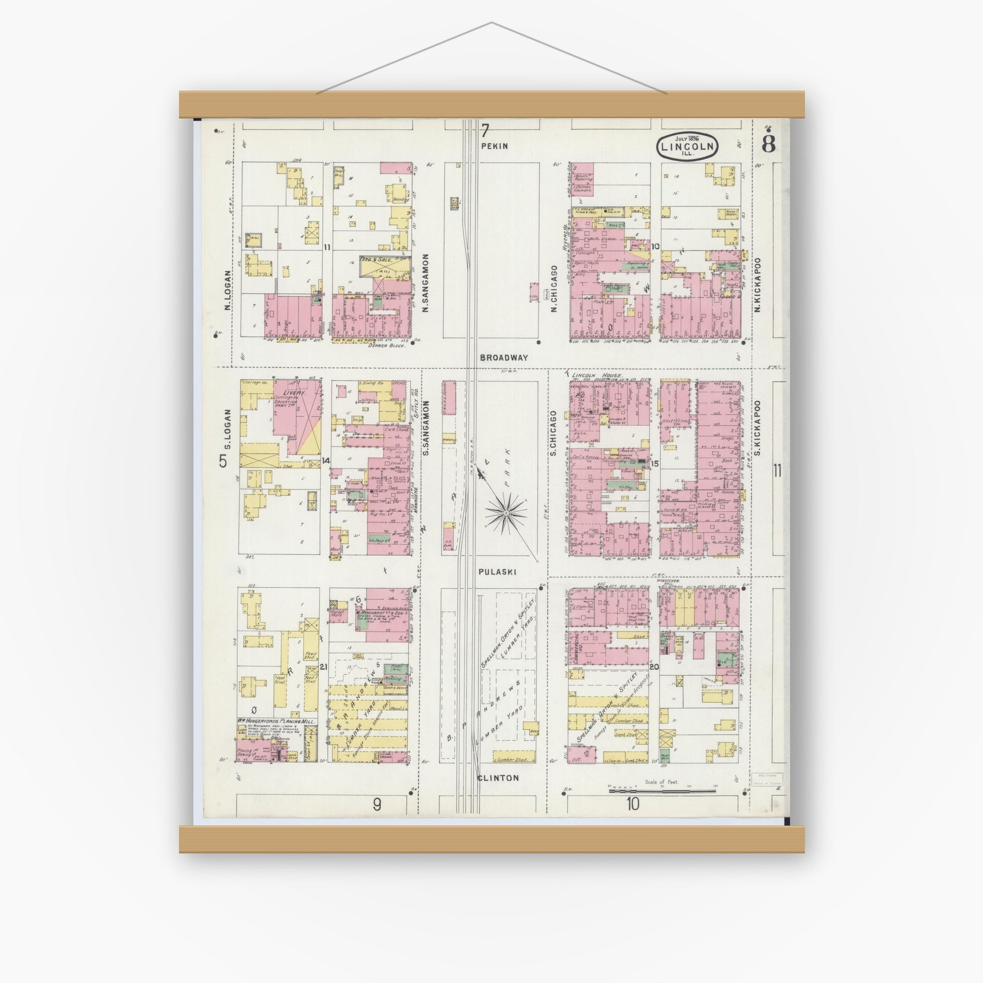 Old map wall art mockup — magnetic wood frame on white wall — Sanborn Fire Insurance Map from Lincoln, Logan County, Illinois (1896), Sheet #0008