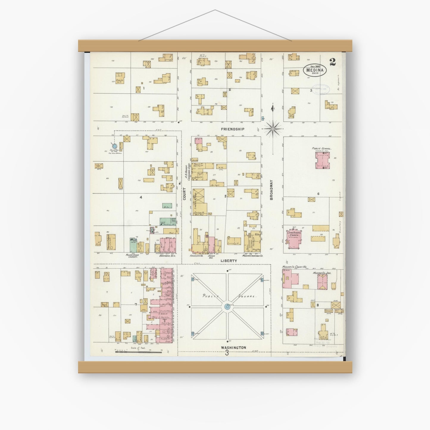 Old map wall art mockup — magnetic wood frame on white wall — Sanborn Fire Insurance Map from Medina, Medina County, Ohio (1897), Sheet #0002