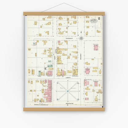 Old map wall art mockup — magnetic wood frame on white wall — Sanborn Fire Insurance Map from Medina, Medina County, Ohio (1897), Sheet #0002