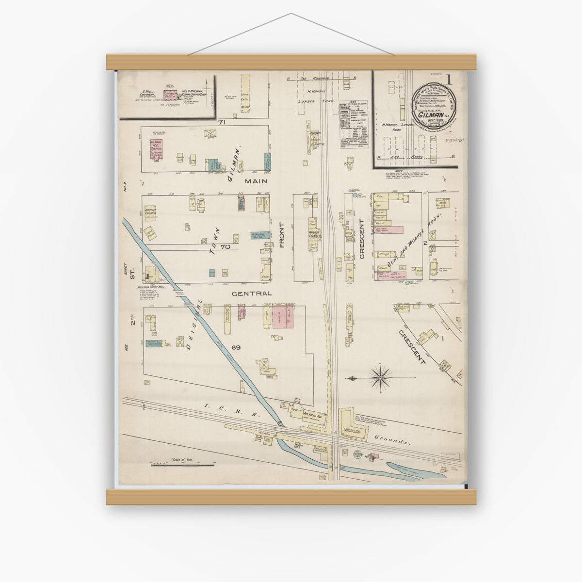 Old map wall art mockup — magnetic wood frame on white wall — Sanborn Fire Insurance Map from Gilman, Iroquois County, Illinois (1885) - Complete Map Set