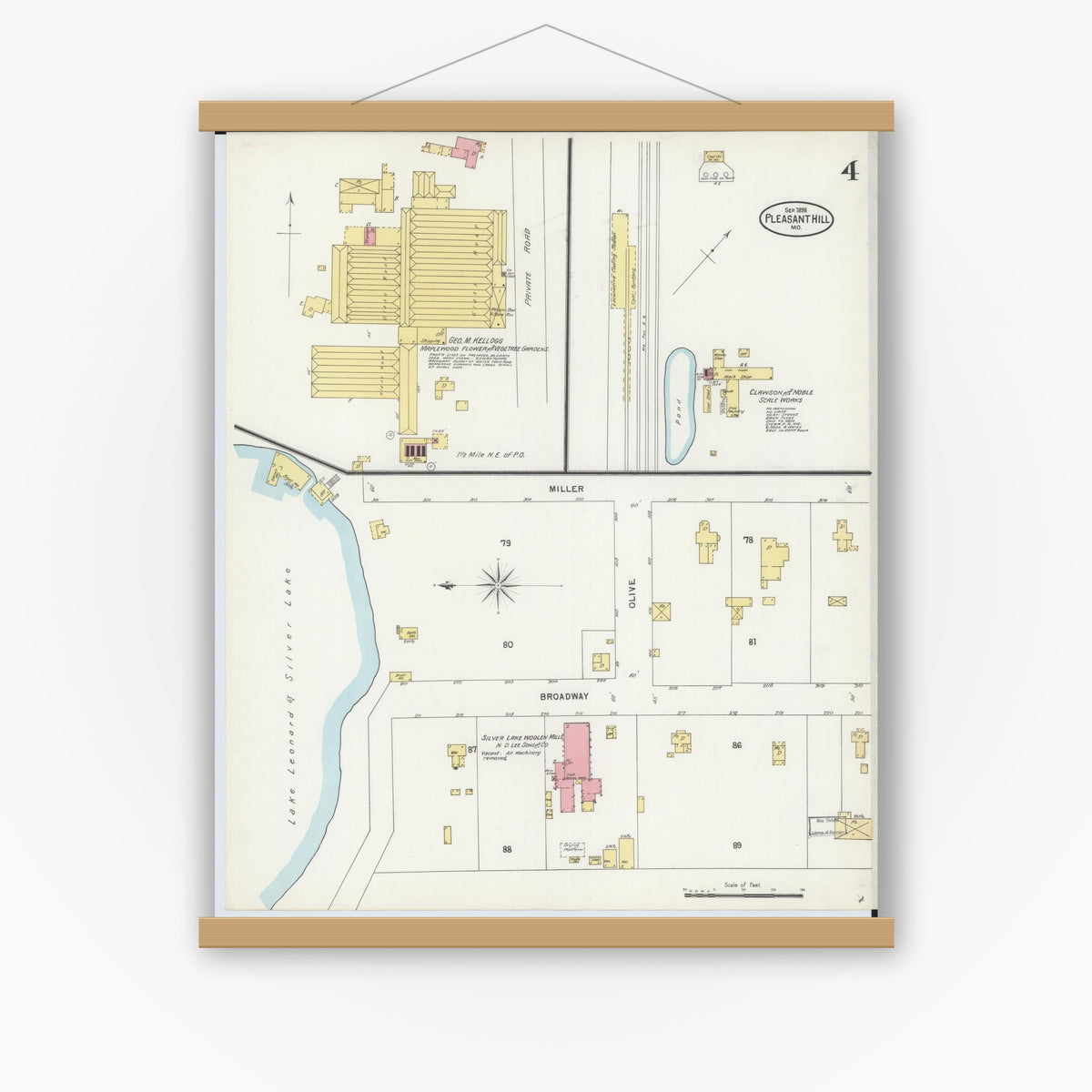 Old map wall art mockup — magnetic wood frame on white wall — Sanborn Fire Insurance Map from Pleasant Hill, Cass County, Missouri (1898), Sheet #0004